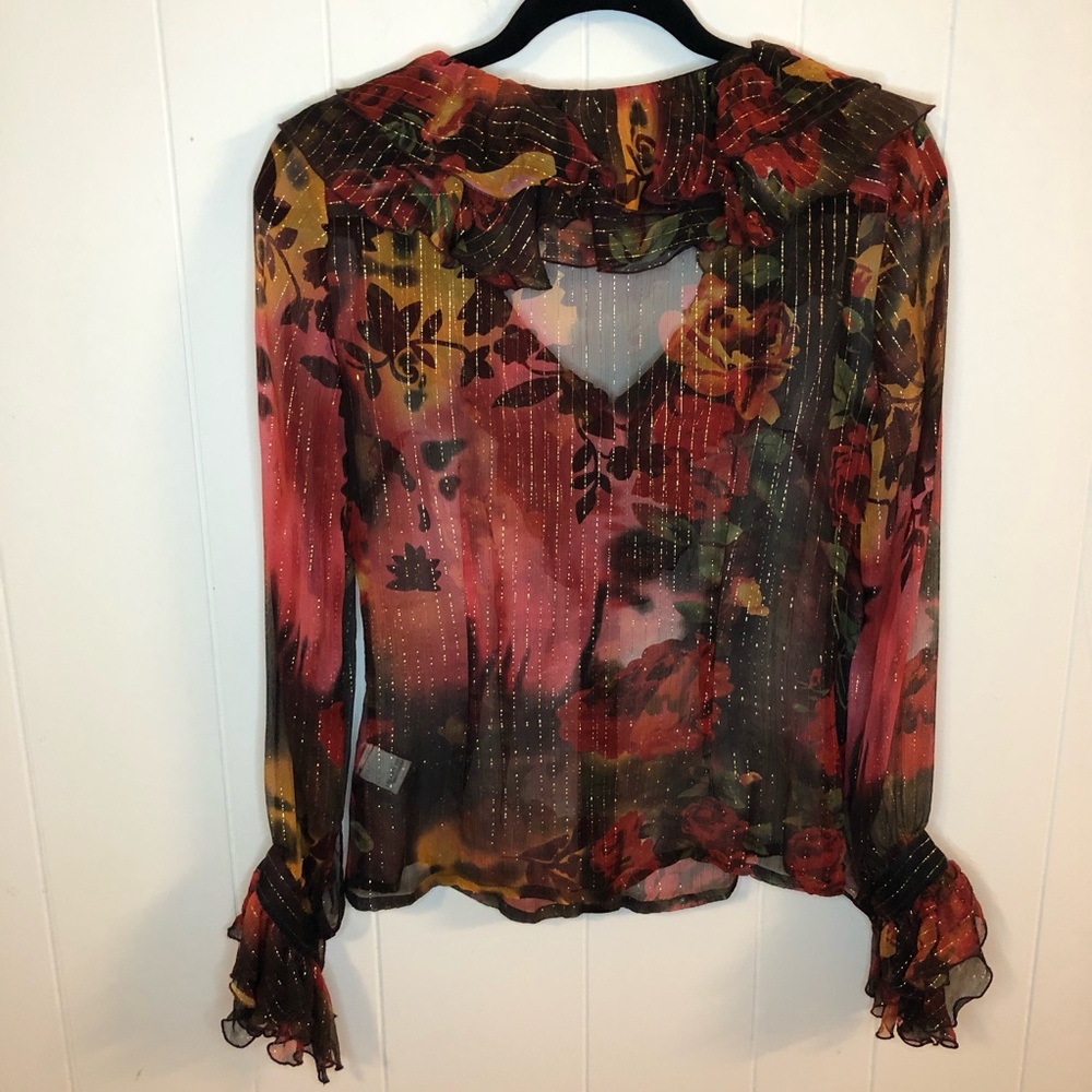 Cache Foliage Colors Sheer Floral Ruffle Blouse with Metallic Stripe XS - Picture 5 of 6